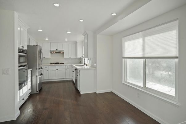 Interior, Kitchen, Recessed Lighting, Stainless Steel Appliances, Wood Texture Flooring
