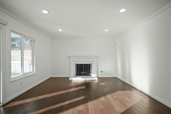 Empty room, Fireplace, Interior, Recessed Lighting, Wood Texture Flooring
