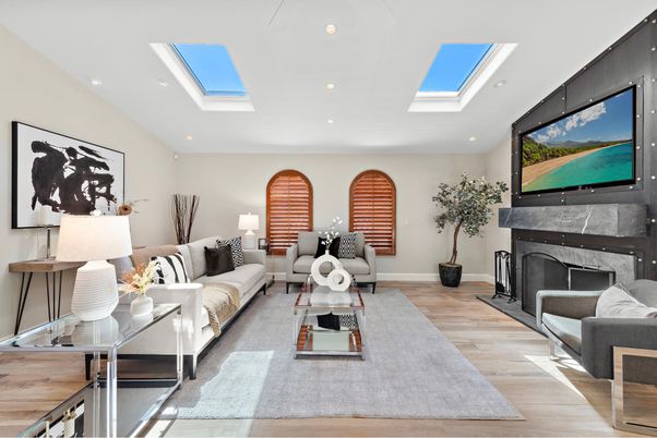 Fireplace, Glass Ceilings, Interior, Living room, Recessed Lighting, Wood Texture Flooring