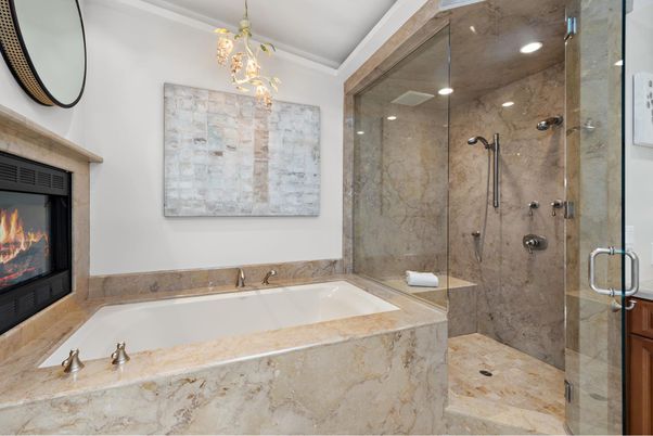 Bathroom, Fireplace, Glass Shower, Interior, Pendant Lights, Recessed Lighting