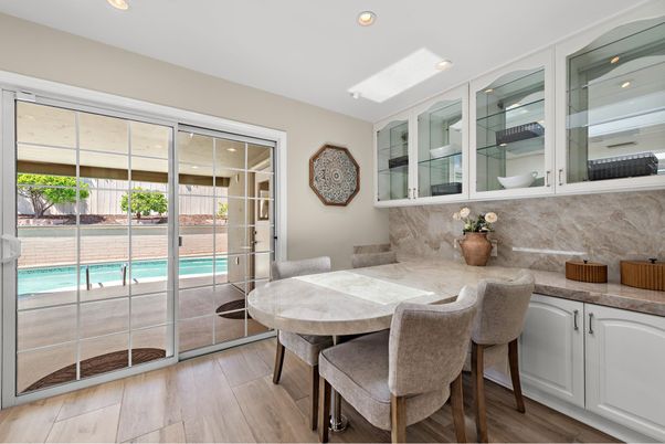 Dining room, Interior, Recessed Lighting, Wood Texture Flooring