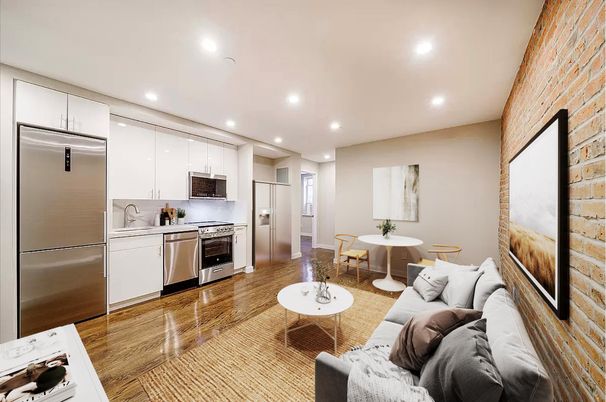 Dining room, Interior, Kitchen, Living room, Recessed Lighting, Stainless Steel Appliances, Stone Walls, Wood Texture Flooring