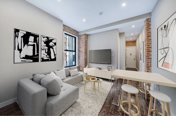 Interior, Living room, Recessed Lighting, Stone Walls, Wood Texture Flooring