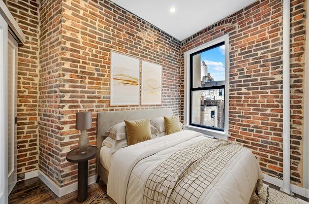 Bedroom, Interior, Recessed Lighting, Stone Walls, Wood Texture Flooring