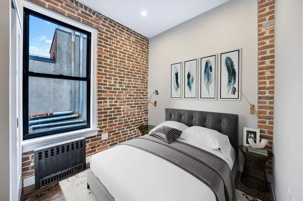 Bedroom, Interior, Recessed Lighting, Stone Walls, Wood Texture Flooring