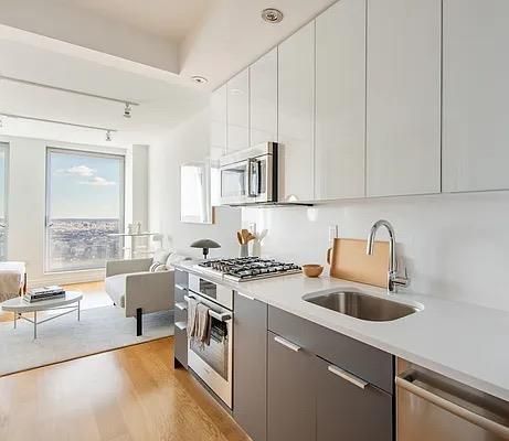 Interior, Kitchen, Living room, Recessed Lighting, Stainless Steel Appliances, Wood Texture Flooring