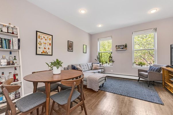Dining room, Interior, Living room, Recessed Lighting, Wood Texture Flooring