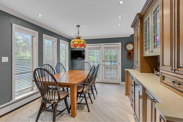 Dining room, Interior, Pendant Lights, Recessed Lighting, Wood Texture Flooring