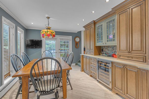 Dining room, Interior, Pendant Lights, Recessed Lighting, Wood Texture Flooring