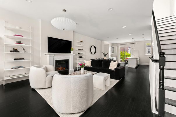 Fireplace, Interior, Kitchen, Living room, Pendant Lights, Recessed Lighting, Wood Texture Flooring