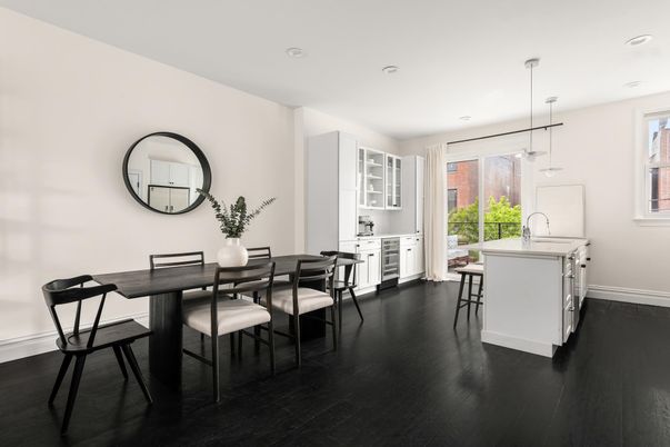 Dining room, Interior, Kitchen, Pendant Lights, Recessed Lighting, Wood Texture Flooring