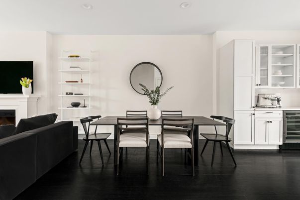 Dining room, Fireplace, Interior, Living room, Recessed Lighting, Wood Texture Flooring