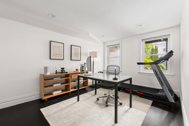 Fitness Equipment, Home Office, Interior, Recessed Lighting, Wood Texture Flooring