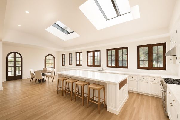 Dining room, Glass Ceilings, Interior, Kitchen, Recessed Lighting, Wood Texture Flooring