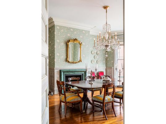 Chandelier, Dining room, Fireplace, Interior, Wood Texture Flooring