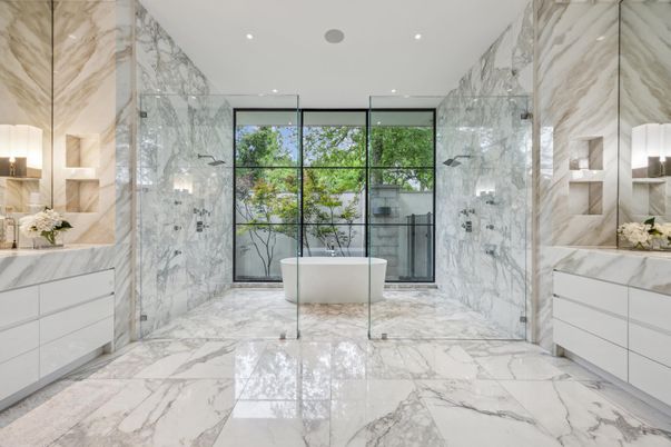 Bathroom, Free Standing Baths, Glass Shower, Interior, Marble, Marble Walls, Recessed Lighting