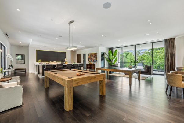 Billiard Table, Game Room, Interior, Living room, Pendant Lights, Recessed Lighting, Wood Texture Flooring
