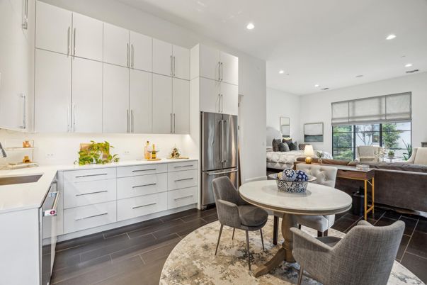 Dining room, Interior, Kitchen, Living room, Recessed Lighting, Stainless Steel Appliances, Wood Texture Flooring