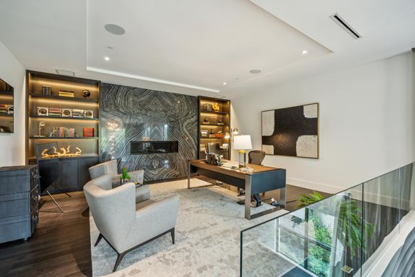 Fireplace, Home Office, Interior, Recessed Lighting, Wood Texture Flooring