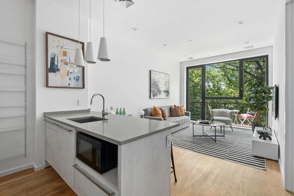 Interior, Kitchen, Living room, Pendant Lights, Recessed Lighting, Wood Texture Flooring