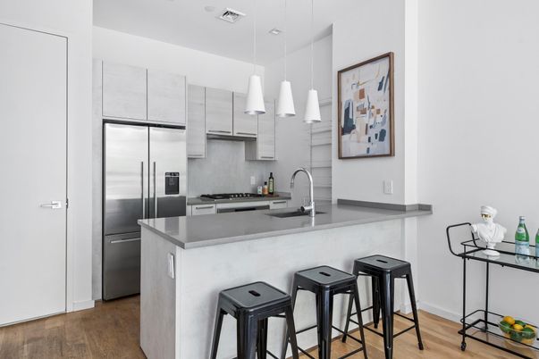Interior, Kitchen, Pendant Lights, Stainless Steel Appliances, Wood Texture Flooring