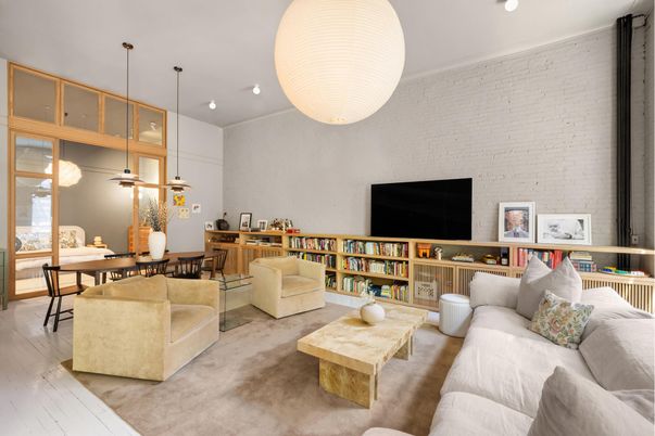 Dining room, Interior, Living room, Pendant Lights, Recessed Lighting, Stone Walls