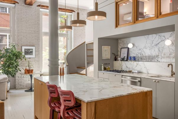 Interior, Kitchen, Marble Walls, Pendant Lights, Wood Texture Flooring