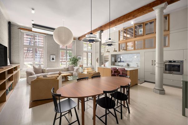 Dining room, Interior, Kitchen, Living room, Pendant Lights, Stainless Steel Appliances, Wooden Beams, Wood Texture Flooring