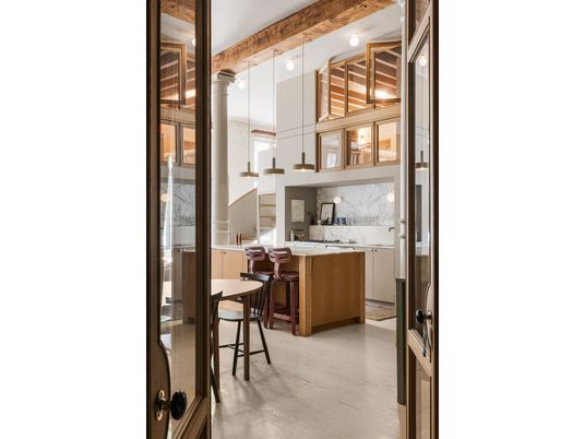 Interior, Kitchen, Marble Walls, Wooden Beams, Wood Texture Flooring