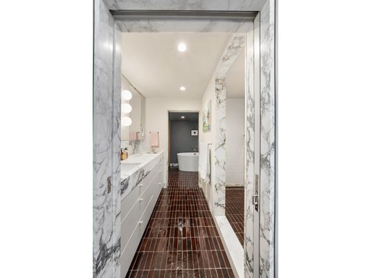 Bathroom, Dual Sink Vanities, Interior, Marble, Marble Walls, Recessed Lighting