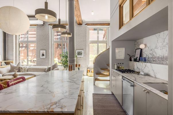 Dining room, Interior, Kitchen, Marble Walls, Pendant Lights