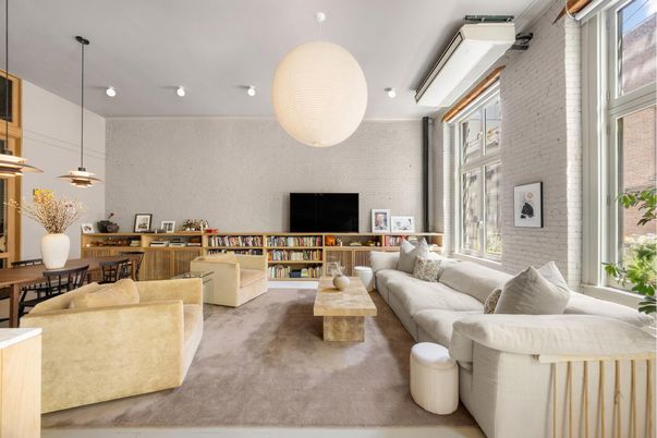 Dining room, Interior, Living room, Pendant Lights, Recessed Lighting, Stone Walls