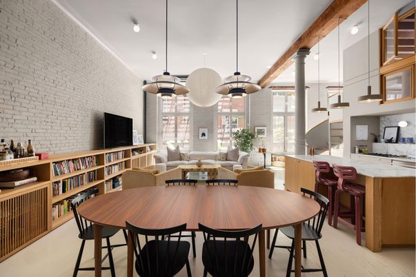 Dining room, Interior, Living room, Pendant Lights, Stone Walls, Wooden Beams