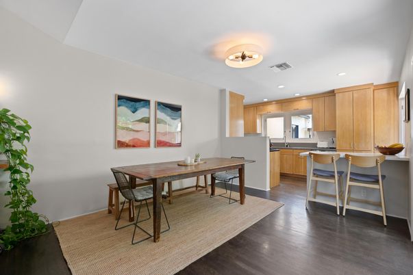 Dining room, Interior, Kitchen, Recessed Lighting, Wood Texture Flooring