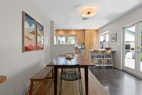 Dining room, Interior, Kitchen, Recessed Lighting, Wood Texture Flooring