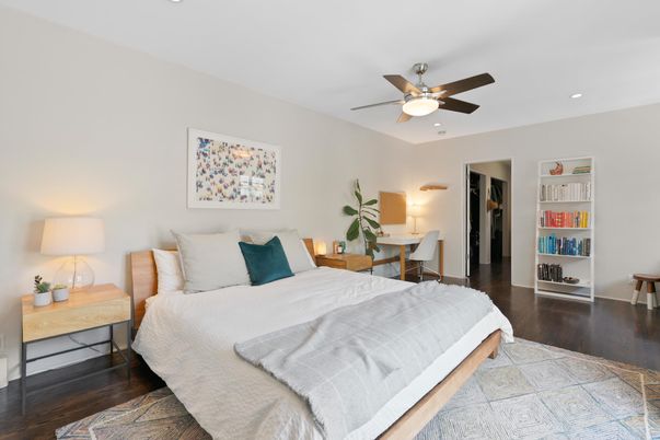 Bedroom, Home Office, Interior, Recessed Lighting, Wood Texture Flooring