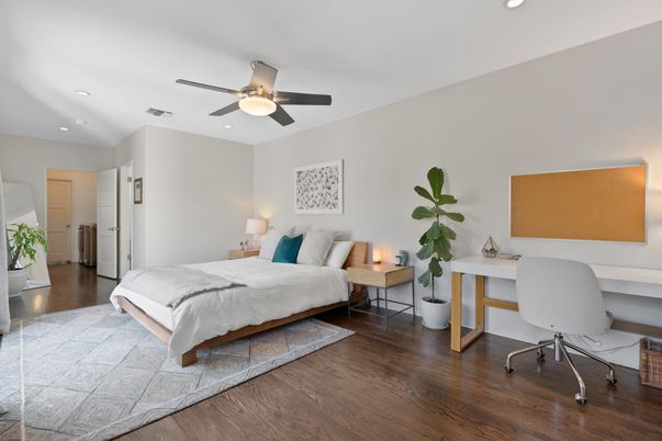 Bedroom, Home Office, Interior, Recessed Lighting, Wood Texture Flooring