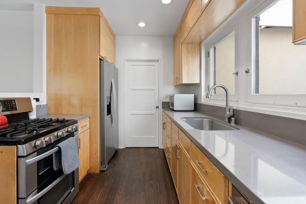 Interior, Kitchen, Recessed Lighting, Stainless Steel Appliances, Wood Texture Flooring