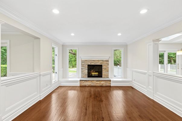 Empty room, Fireplace, Interior, Recessed Lighting, Wood Texture Flooring