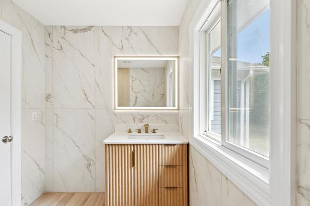 Bathroom, Interior, Marble Walls, Wood Texture Flooring