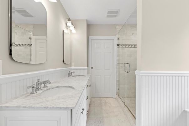 Bathroom, Dual Sink Vanities, Glass Shower, Interior, Marble