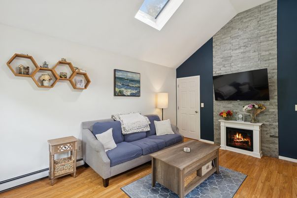 Fireplace, Interior, Living room, Stone Walls, Wood Texture Flooring