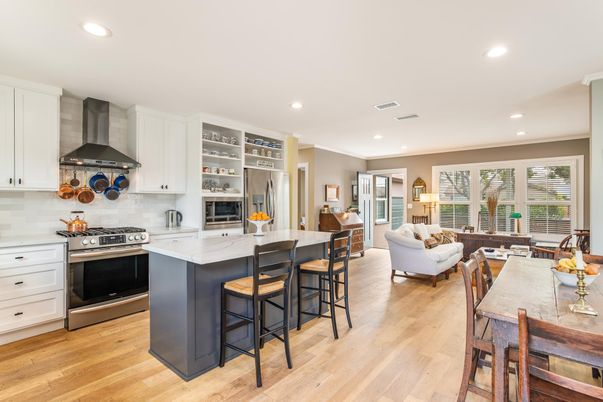 Dining room, Interior, Kitchen, Living room, Recessed Lighting, Stainless Steel Appliances, Wood Texture Flooring