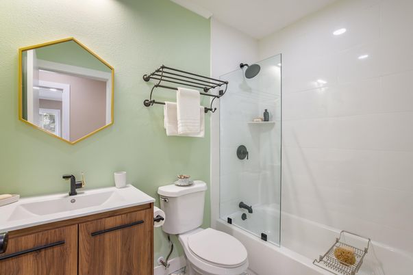 Bathroom, Glass Shower, Interior, Recessed Lighting