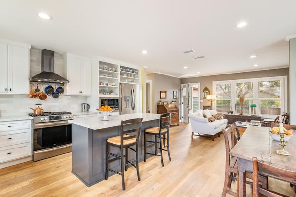 Interior, Kitchen, Living room, Recessed Lighting, Stainless Steel Appliances, Wood Texture Flooring