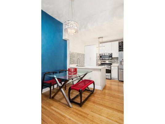 Chandelier, Dining room, Interior, Kitchen, Pendant Lights, Stainless Steel Appliances, Wood Texture Flooring