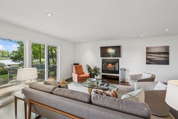 Fireplace, Interior, Living room, Recessed Lighting, Wood Texture Flooring