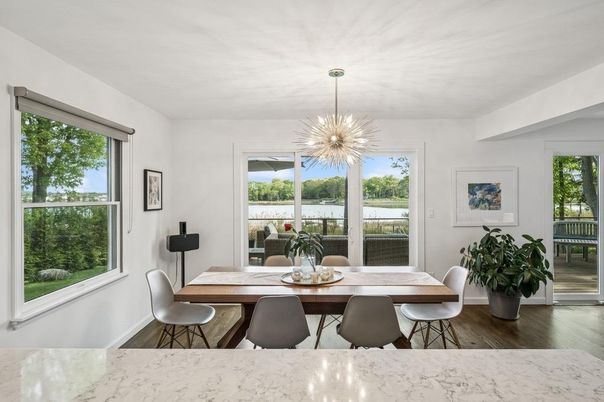 Dining room, Interior, Pendant Lights, Wood Texture Flooring