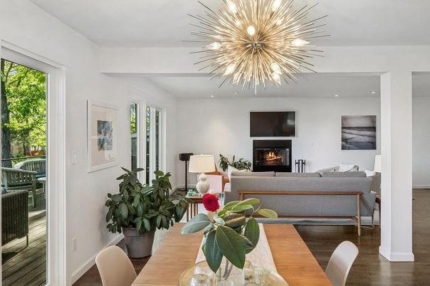 Dining room, Fireplace, Interior, Living room, Pendant Lights, Recessed Lighting, Wood Texture Flooring