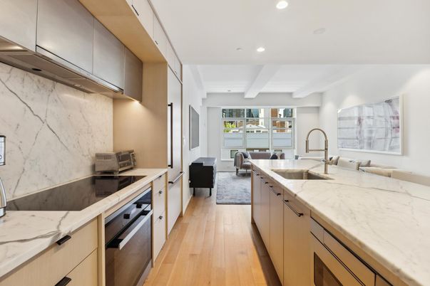 Interior, Kitchen, Marble Walls, Recessed Lighting, Wood Texture Flooring